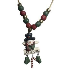 Vintage 90s Crafted Handmade Christmas Holiday Snowman Necklace Beaded Gift Xmas